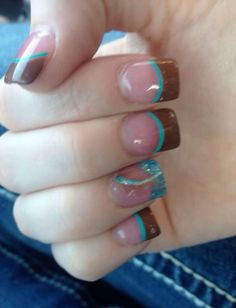 Brown Turquoise Nails, Turquoise And Brown Nails, Brown And Aqua, Brown And Turquoise Nails, Brown And Teal Nails, Brown Y2k Nails, Teal And Brown Nails, Y2k Summer Nails, Blue And Brown Nails