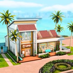 an artist's rendering of a house on the beach with palm trees around it