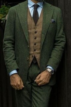 Green Corduroy Suit Men, Vintage Green Suit Men, Green Suit Brown Vest, Dark Forest Green Suit Men, Forest Green Mens Suit, Forest Green Suit Men Wedding, Green And Brown Groom Suit, Hobbit Wedding Suit, Green And Gold Prom Suit