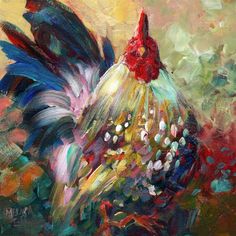 a painting of a rooster standing in the grass