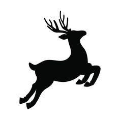 a black and white silhouette of a deer jumping in the air with antlers on its back