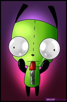 a green cartoon character with big eyes