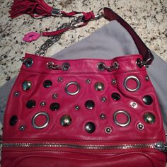 Used Once Vintage Betsey Johnson Leather Gorgeous Vibrant Fuschia Hand Or Shoulder Bag With Chain, Fringe And Signature Lips, Zipper Pocket Inside, Signature Leopard Print Inside Of Bag. (This Is The Most Expensive Bag I've Ever Owned) No Marks Anywhere. It's Been In Storage. Most Expensive Bag, Expensive Bag, Vintage Betsey Johnson, Chain Fringe, Crystal Belt, Bag With Chain, Betsey Johnson Bags, Diamond Quilt, Most Expensive