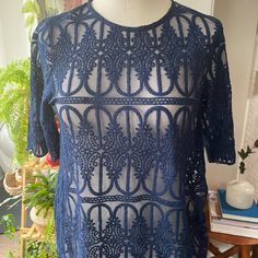 Dark Blue Top Short Sleeves Beautiful Lace Never Worn No Tags Size 4 En & Elle From Anthropologie Ships Next Business Day Offers Welcome Length 25” Armpit To Armpit 17” Chic Blue Crew Neck Top, Elegant Blue Lace Top For Summer, Elegant Blue Crew Neck Top, Chic Blue Blouse With Lace Top, Chic Blue Crew Neck Blouse, Blue Stretch Blouse With Crew Neck, Chic Blue Lace Top For Summer, Fitted Blue Blouse With Crew Neck, Casual Blue Lace Top