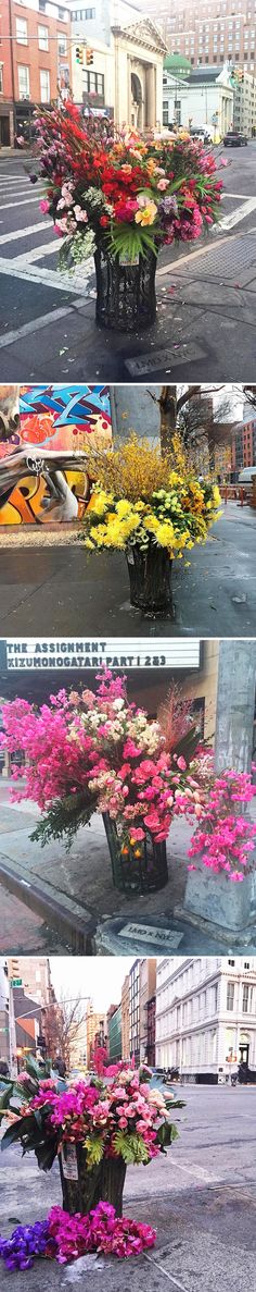 four different shots of flowers in pots on the street