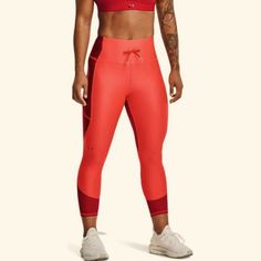 Xl Women’s Under Armour Leggings. Red And Orange. Nwt Originally $55 Heat Gear Compression High Rise Ankle Legging Red Gym Pants With Pockets, Red Sportswear Bottoms For Workout, Red High Waist Sports Pants, High Waist Red Gym Bottoms, Red Fitted Sportswear Bottoms, Red Workout Pants Sportswear, Fitted Red Activewear With Pockets, Red Sportswear Pants For Workout, Red Workout Bottoms With Pockets