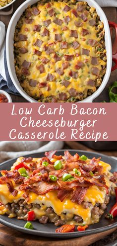 low carb bacon cheeseburger casserole recipe with the title above it