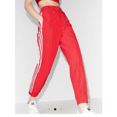 Super Cute High Waist Track Pants With Cuffed Hem. Never Worn / New With Tags Red Athleisure Sweatpants With Pockets, Sporty Red Loungewear Bottoms, Red Athleisure Bottoms With Elastic Waistband, Red Athleisure Bottoms For Loungewear, Red Athleisure Loungewear Bottoms, Trendy Adidas Bottoms For Summer, Red Athleisure Bottoms For Streetwear, Sporty Red Pants With Elastic Waistband, Red Sweatpants With Elastic Waistband For Spring