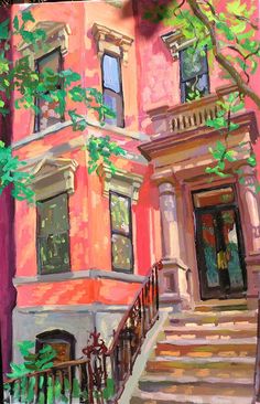 a painting of a pink house with stairs