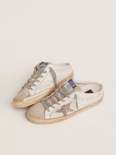 Super-Star Sabots in white leather and gray suede with silver glitter star | Golden Goose Golden Family, Exclusive Sneakers, Vintage Soul, Glitter Stars, Star Sneakers, Super Star, Green Glitter, Timeless Handbag, Gray Suede