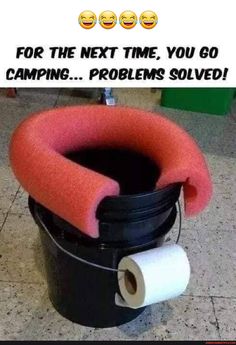 a black bucket with a roll of toilet paper in it that says, for the next time you go camping problems solve