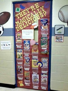 a door decorated with magnets and sports related items that read, they're magicianly delicious