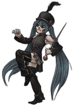 a drawing of a woman with blue hair and black clothes holding two swords in her hand