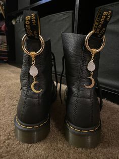 Celestial Moon Celestial Boot Charms, set of two doc Marten polished brass 14k gold plated moons and semiprecious teardrop light green/blue stone or a sparkly white or black druzy stone. Pick your favorite set.  Attached to gold toned spring keyring loop circles with a sturdy yet ornate filagree link.  Gorgeous, pretty and very unique. A delicate addition to your boots. A perfect little detail that celebrates the skies and the fae.  For casual city walks, or short hikes among the trees.  Handmad Toned Spring, Boot Charms, Doc Marten Boot, Doc Marten, Moon Crystal, Milwaukee Wi, Boot Accessories, Shoe Clips, Gold Brass