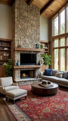 a living room filled with furniture and a fire place next to a large window covered in lots of windows