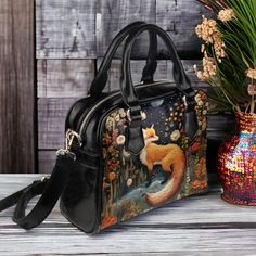 Faux-Embroidered Fox Vegan Leather Bowler Purse, Boho Cottagecore Witchy Fox Handbag, Naturecore Fox Purse, Dark Forestcore Fox Bowler Bag by BlackCherryKiss on Etsy Dark Forestcore, Fox Purse, Bowler Bag, Witchy Crafts, Boho Cottagecore, Top Handle Bags, Cottagecore Aesthetic, Diy Fashion, Purses And Handbags