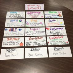 several handwritten notes are arranged on top of a wooden table, each with different words