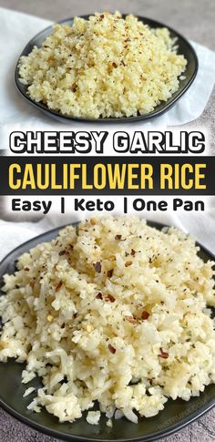 garlic parmesan cauliflower rice on a black plate with text overlay that reads garlic parmesan cauliflower rice keto low carb easy