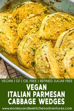 vegan italian parmesan cabbage wedges in a casserole dish with text overlay