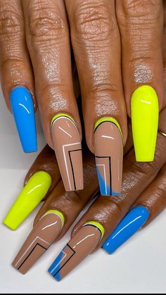 Gabby Hodges Nails, Freehand Nail Designs, Nude Nails With Neon Design, Coffin Nails Designs Summer 2024, Two Toned Nails Designs, 2 Tone Nails Designs, Different Design Nails, Textured Nail Designs, Spring Nails Black Women