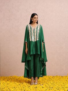 Emerald Green Hand embroidered Silk Co-Ord Set (Set of 3) Asymmetric Pants, Asymmetric Tunic, Silk Anarkali, Kaftan Style, Green Hand, Co Ord Set, Sweetheart Neck, Pant Set, Embroidered Silk