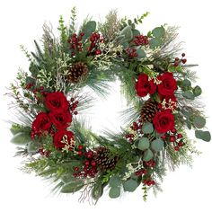 a christmas wreath with red roses, greenery and pine cones on a white background