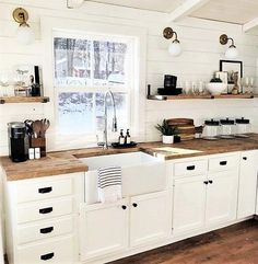 small white farmhouse kitchen Kitchen With Shiplap, Kitchen Cabinets And Countertops, Cottage Decor Farmhouse, Small Kitchen Remodel, Paint Kitchen, Kitchen Remodel Inspiration, Fireclay Sink, Interior Decorator