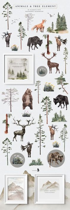 an illustrated poster with animals and trees on it