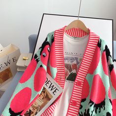 Style: commuting Size: one size Color: pink, orange Sweaters Vintage, Lazy Style, Knit Tees, Knitted Cardigan, Colourful Outfits, Office Fashion, Knit Sweater Cardigan, Jumper Sweater, Striped Knit