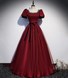 Elegant Burgundy Ball Gown For Wedding, Burgundy Fitted Ball Gown For Prom Season, Burgundy Fitted Ball Gown For Prom, Elegant Burgundy Ball Gown Evening Dress, Elegant Burgundy Ball Gown For Formal Occasions, Elegant Party Gown With Puff Sleeves, Elegant Puff Sleeve Party Gown, Elegant Burgundy Prom Gown, Elegant Formal Gown With Puff Sleeves