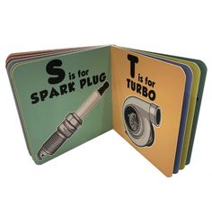 a set of books with an image of a spark plug