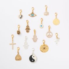 A collection of spiritual symbols from East and West, designed to inspire, protect and uplift~ Priced per charm. *Use code CHARMY for 15% off any 3 or more charms! Spiritual Symbols, Crystal Cross, Star Of David, Peace Sign, Yin Yang, Charms, Crystals, Silver, Gold