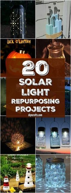 various pictures with the words 20 solar light repurposing projects written on them