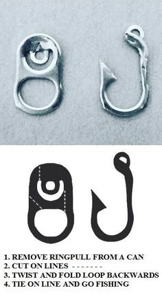 two fishing hooks with the words remove ring pull from a can and cut on lines