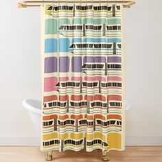 a shower curtain with multicolored lines on it