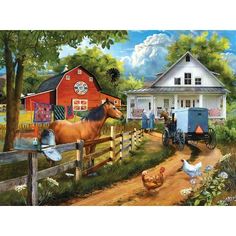 a painting of a farm scene with horses and chickens