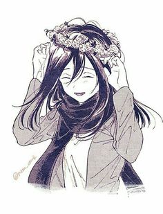 a drawing of a woman with long hair wearing a flower crown on top of her head