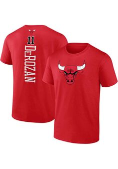 Show support for your favorite player in this Chicago Bulls Red Playmaker Demar DeRozan Short Sleeve Player Tee! This Player T Shirt features a screen printed team logo on the front, player name and number screen printed vertically on the back below secondary team logo, so everyone will know you cheer for Chicago, Demar DeRozan! This is the perfect Bulls Player Tee for wearing from every day to game day. Go Bulls! Screen printed team logo on chest, Screen printed player number on front, Screen p Red Graphic Print T-shirt For Fan Events, Red Cotton T-shirt With Team Name, Red Crew Neck T-shirt For Sports Season, Red Team Spirit Tops With Logo Print, Red Tops With Team Spirit Logo Print, Sporty Cotton Tops For Fan Events, Red Fan Apparel T-shirt For Sports Events, Red Sports Fan T-shirt For Streetwear, Sports Season Tops With Team Logo For Fan Events