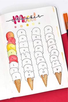 an open notebook with ice cream cones and numbers on the pages, next to pencils