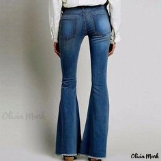 Olivia Mark - Classic High-Waisted Flare Jeans with Vintage Distressed Hem - Blue Casual Flare Bottoms In Solid Color, Fitted Washed Blue Bottoms, Fitted Washed Blue Bottoms With Frayed Hem, Fitted Washed Blue Flare Jeans For Summer, Summer Fitted Washed Blue Flare Jeans, Blue Solid Color Bottoms For Fall, Fitted Full Length Washed Blue Bottoms, Slim Fit Blue Bottoms For Fall, Blue Slim Fit Bottoms For Fall