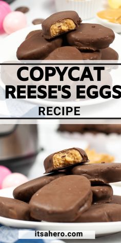 chocolate covered cookies on a white plate with text overlay that reads copycat reese's eggs recipe