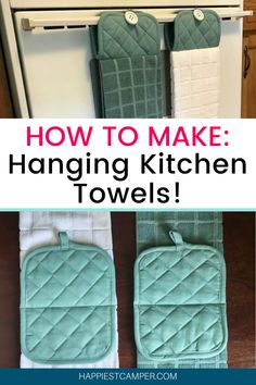 White and grey kitchen towels and potholders to make a hanging kitchen towel. Table Runner Diy Easy, Pot Holder Crafts, Sew Gifts, Kitchen Towels Diy, Kitchen Towels Hanging, Crafts 2024, Hanging Kitchen Towels