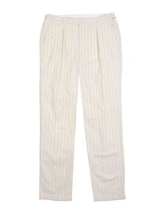 Editor's NotesIt’s designed to hold up to daily wear, and will only look better the more you wear it.We love the modern kind of striped trousers.It's easy to wear, comfortable and looks good with just about everything.- Adjustable waist with buttoned strap - Button closure - Striped pattern - Pleated trousers - Back pockets with button Measurements(in.)1/2/3/4- Total length: 40.37in./41.76in./42.16in./43.55in.- Waist: 15.31in./16.5in./17.28in./18.07in.- Thigh: 11.73in./1 Classic Tapered Leg Bottoms With Vertical Stripes, Classic Striped Tapered Leg Pants, Chic Striped Linen Bottoms, Striped Straight Leg Pants With Welt Pockets, Elegant Striped Linen Bottoms, Elegant White Pants With Vertical Stripes, Elegant White Striped Pants, Classic Striped High-waisted Pants, Casual Pinstripe Linen Bottoms