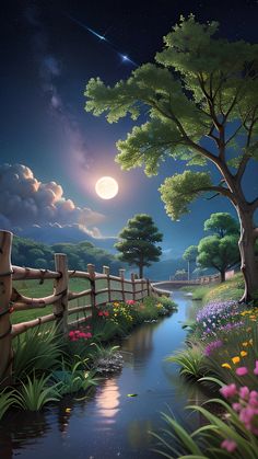 a painting of a river running through a lush green field under a moon lit sky