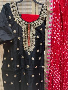 *3 Piece Set  *Foil Print work  *Readymade Size   Bust Size: 42inches    Top Length: 34 inches    Red skinny bottom  *Color may vary slightly from picture  *Our store is located in Los Angeles and in store pick up is welcome! Black Salwar Kameez, Set Saree, Stunning Outfits, Cotton Set, Blouse Length, Beautiful Saree, Foil Print, Salwar Kameez, Skirt Length