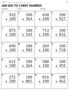 the addition to 3 digit numbers worksheet is shown in black and white,