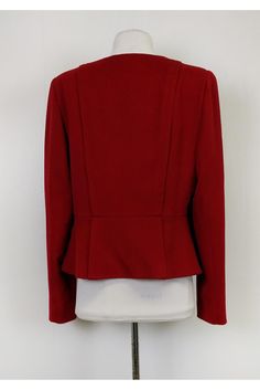 Keep warm this season with this trendy red jacket from Armani Collezioni. Made in a cozy wool fabric with large black buttons on the front. Can be worn day to night! Size 14 (IT 50) 100% wool Made in Italy Button down front Black buttons Long sleeve Padded shoulders Pleats along bottom Lined Bust 42.5" Waist 38" Shoulder to hem 23" Tailored Red Outerwear For Fall, Red Wool Outerwear For Formal Occasions, Red Fitted Wool Coat For Fall, Fitted Red Wool Coat For Fall, Red Winter Workwear Blazer, Red Winter Blazer For Work, Fitted Red Blazer For Winter, Fitted Red Wool Coat For Workwear, Burgundy Office Blazer For Winter