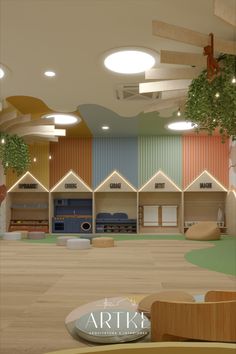 brinquedoteca estilo montessoriano Modern Playroom Design, Daycare Design Layout, Preschool Interior Design, Kids Play Area Ideas, Small Indoor Playground, Hanging Ceiling Decor, Daycare Interior Design, Indoor Playground Design