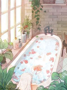 an illustration of a bathtub in a bathroom with plants on the floor and potted plants next to it