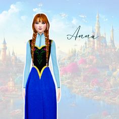 an animated image of a woman in a blue dress with long braids, standing next to a castle